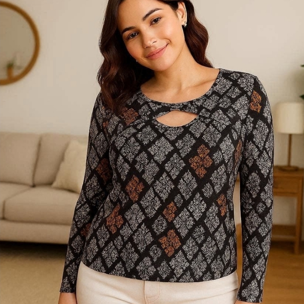 Snake Print Black Gray Mustard Long-Sleeve Blouse w/Bodice Cutout size 18/20